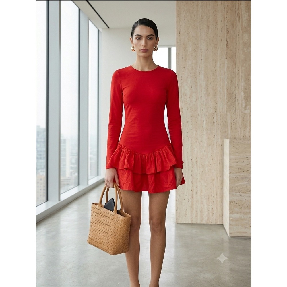 Zara Red Long Sleeve Mini Dress Tiered Ruffle Hem Boat Neck NWT Small